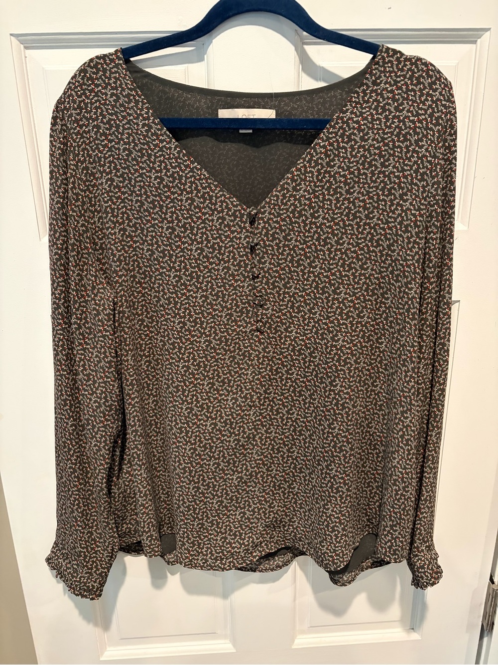 LOFT Brown Multi Floral V-Neck Henley Blouse